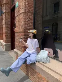 蓝色“彩点格纹”松紧腰休闲裤（832）