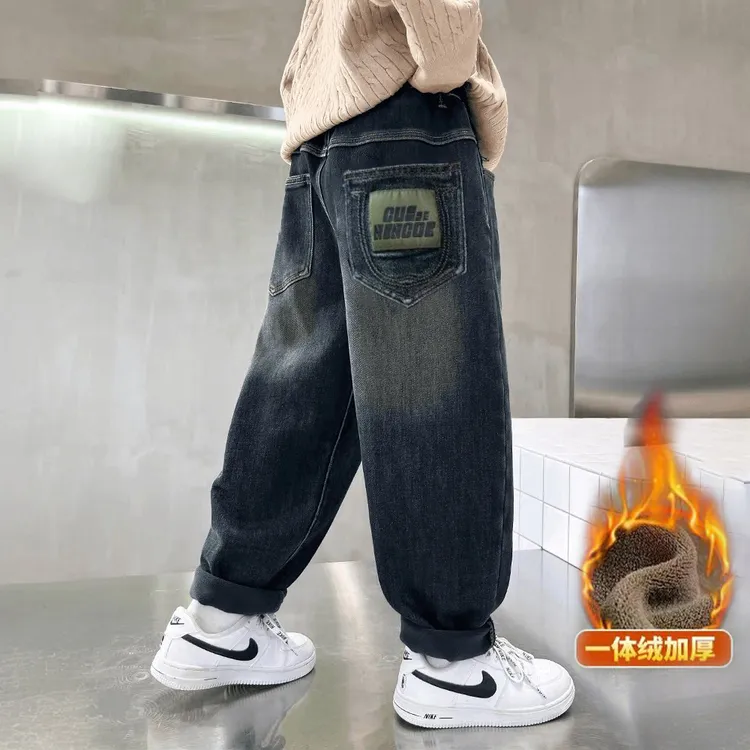 男童加绒裤子一体绒2025新款儿童牛仔裤中大童秋冬加厚男孩保暖裤