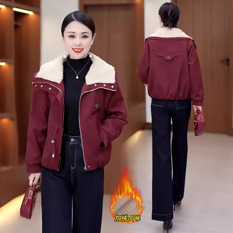 时尚加绒加厚短款外套女冬季新款洋气显瘦羊羔毛翻领保暖夹克棉袄