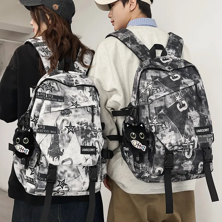 新款书包男大学生初中生潮流时尚大容量双肩包高中生涂鸦旅行背包