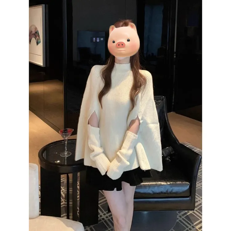 圣诞节穿搭法式半高领套头毛衣女秋冬加厚宽松斗篷袖套针织衫上衣