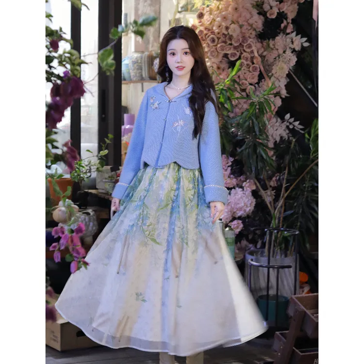 瑶西【蓝雾朝梨】刺绣翻袖外套诗意印花大裙摆国风汉元素两件套