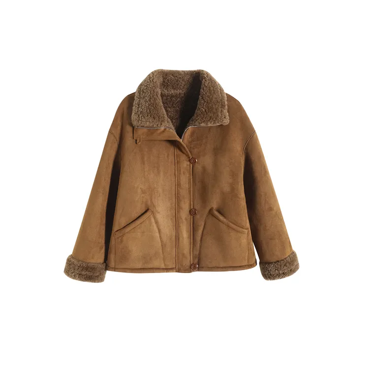 冬季麂皮绒皮毛一体翻领休闲复古风保暖外套短款百搭