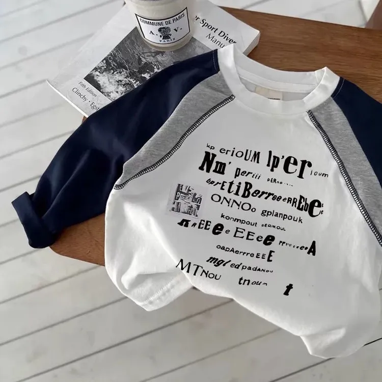 儿童春秋新款拼接撞色长袖T恤宝宝英文字母男童卡通打底衫上衣潮T