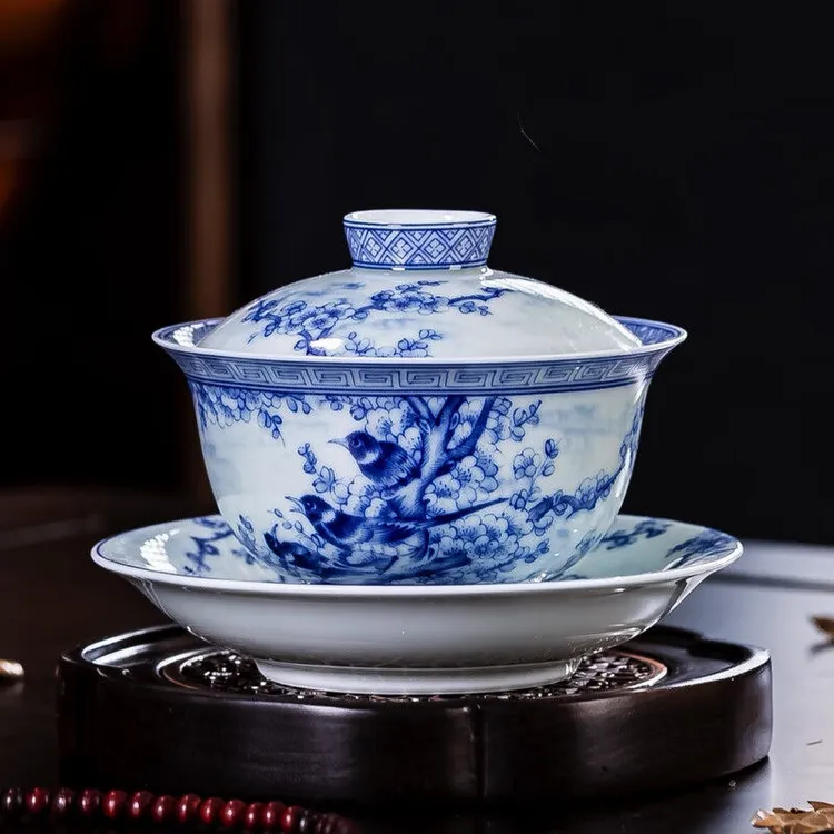 青花瓷喜上眉梢悬停三才盖碗茶具高端防烫手正宗景德镇泡茶釉下彩