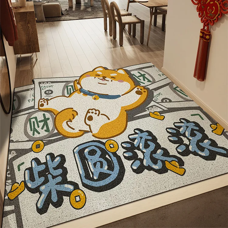 家用可爱柴犬入户地垫卡通丝圈门口脚垫好寓意进门pvc可裁剪地垫
