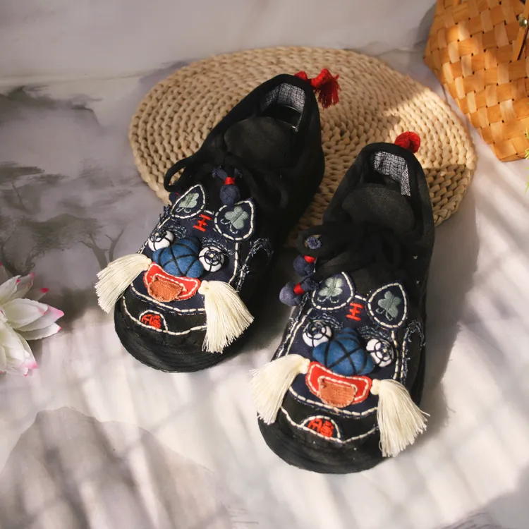 悦唐古韵 福虎虎头鞋低帮秋冬款手工千层底国风百搭黑色棉花布鞋