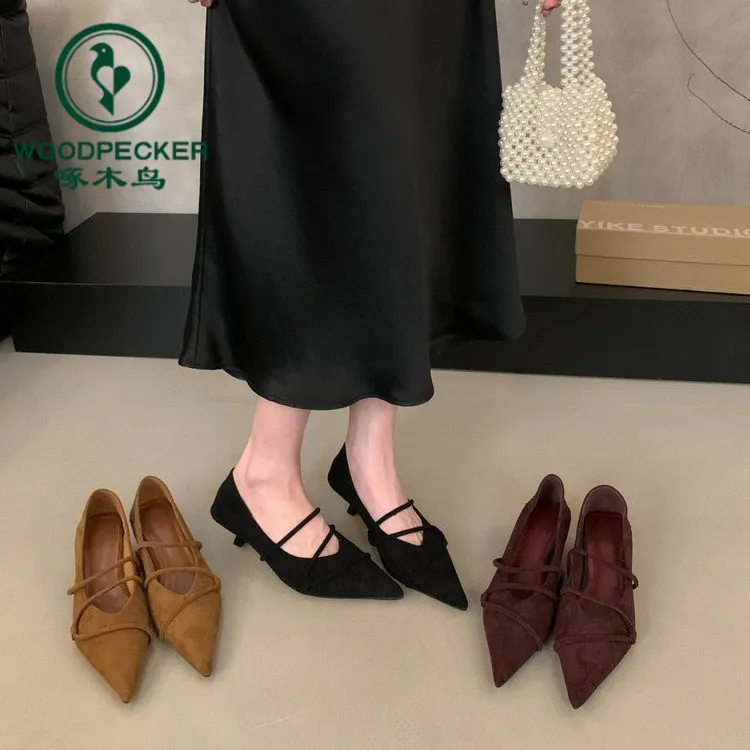 啄木鸟法式复古绒面尖头细跟玛丽珍鞋女2025新款通勤小猫跟晚晚鞋