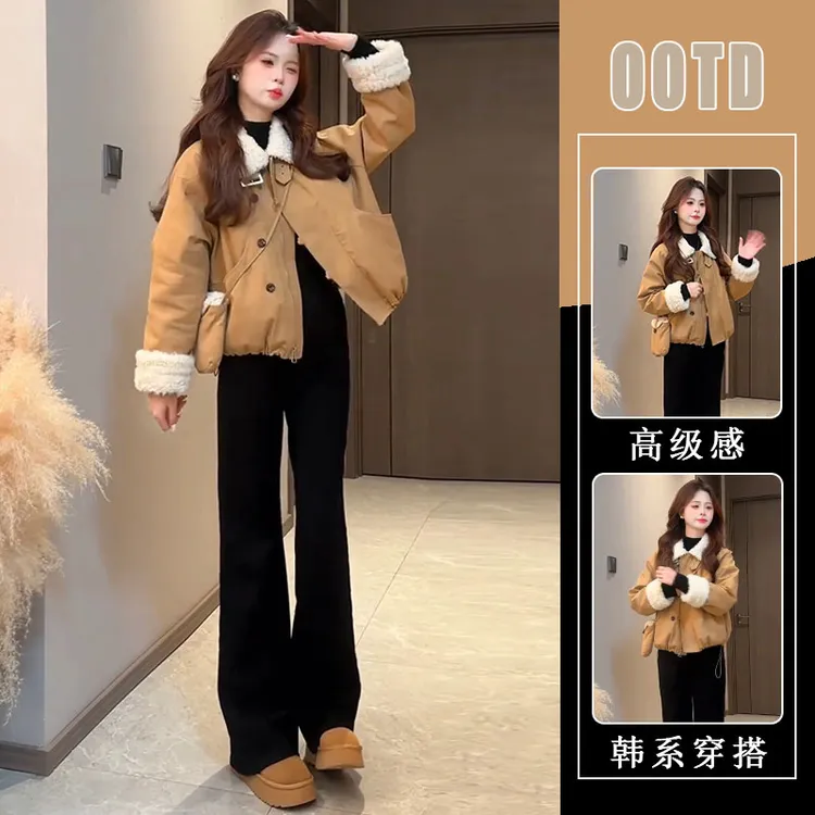 韩版时尚翻领短款保暖休闲外套上衣2025秋冬新款黑色牛仔裤两件套