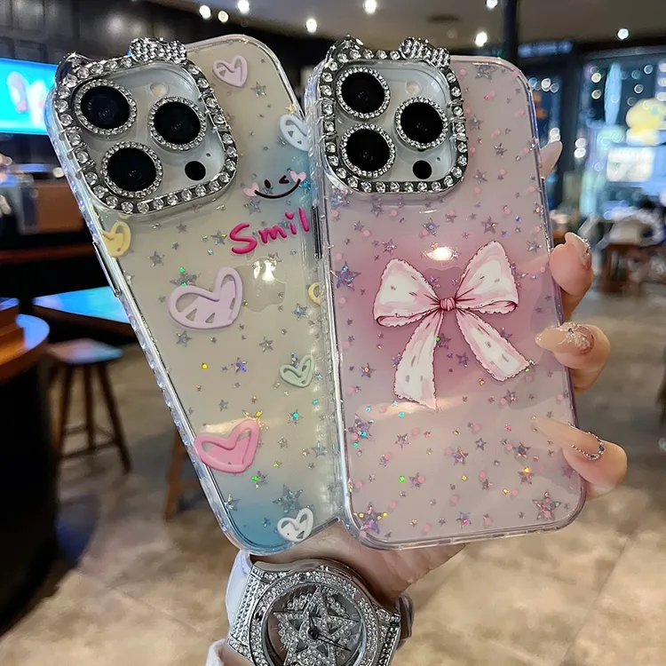 适用苹果系列iPhone16新款手机壳优雅晕染蝴蝶满边钻框闪钻镜头膜