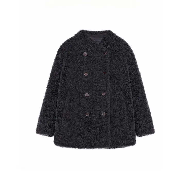 戎柠【RONGNING】双排扣软糯绵羊毛外套女中长款简约时尚皮毛一体