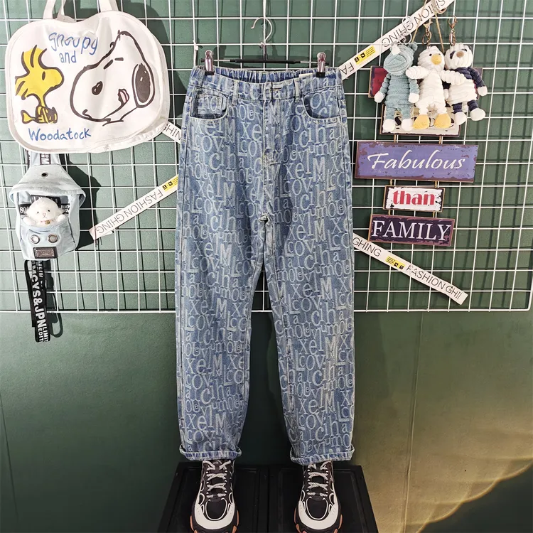 2025春秋新款提花满印牛仔裤男款美式潮牌vibe修身弯刀微喇叭裤子