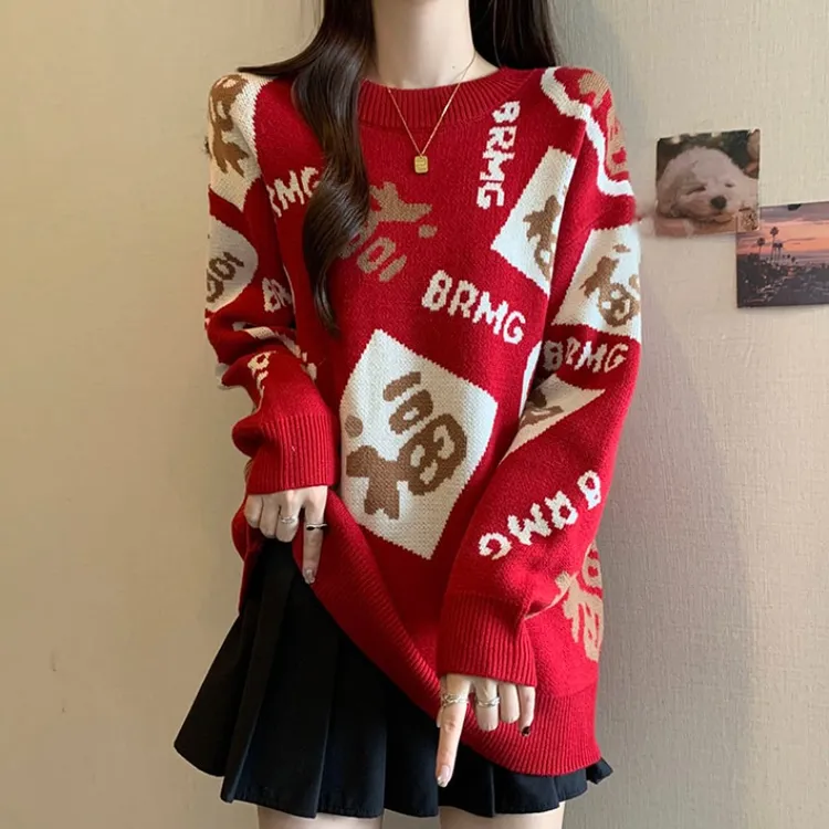 大码慵懒风提花红色加厚毛衣女秋冬微胖MM宽松显瘦百搭洋气针织衫