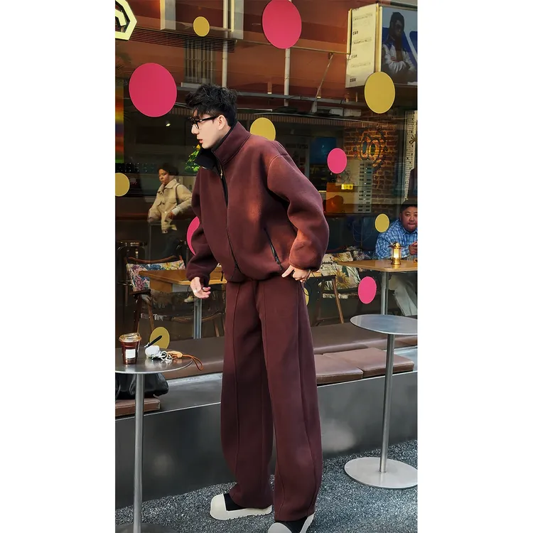 秋冬新品重磅双面摇粒绒休闲套装男慵懒风保暖舒适百搭外套长裤