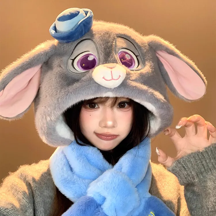 迪士尼正版朱迪毛绒帽子围巾一体女秋冬季可爱护耳雷锋帽2025新款