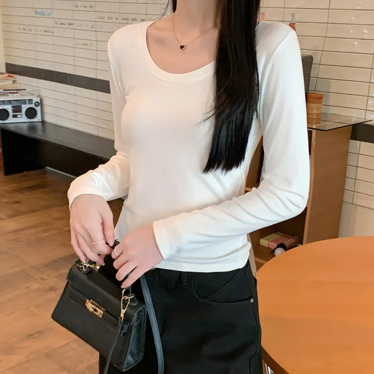 年谜2025早秋长袖t恤女U领修身纯色正肩内搭打底衫显瘦韩版