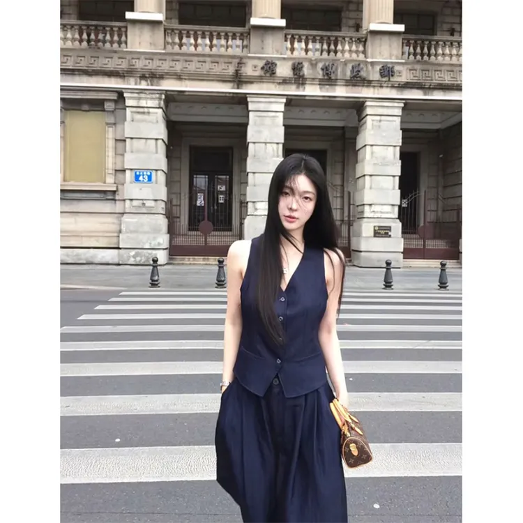 2025夏季新款时尚韩系洋气高级感无袖背心高腰百搭休闲阔腿裤套装