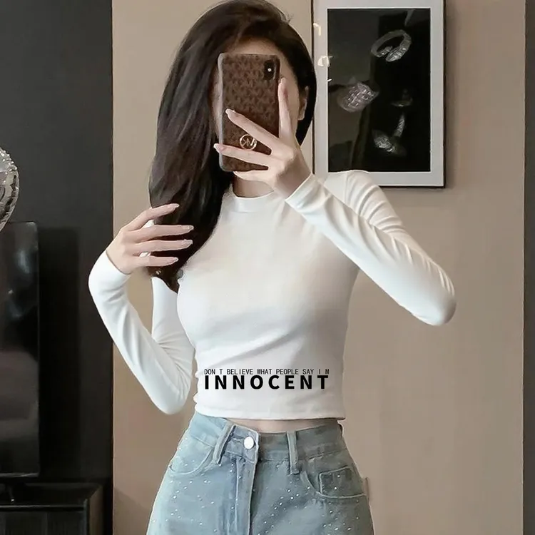 半高领字母印花长袖打底衫女短款露脐性感韩版秋冬内搭小个子上衣