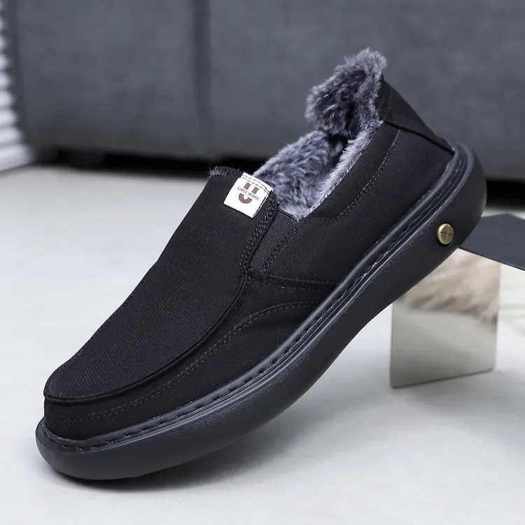 冬季老北京布鞋低帮男加绒保暖爸爸棉鞋防滑一脚蹬休闲户外老人鞋