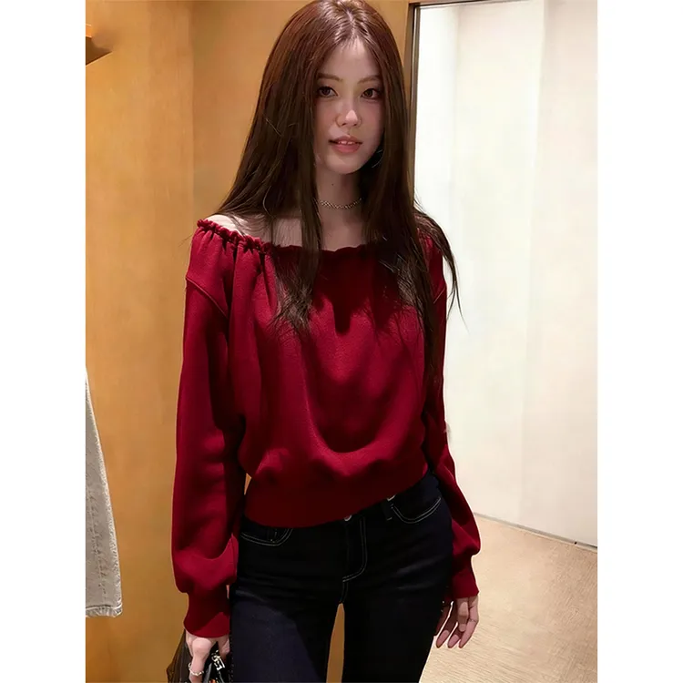 一字肩上衣红色爆款2025新款潮牌女装韩系秋冬装独特漂亮小衫洋气