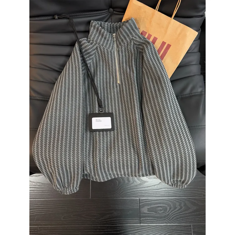 小香风鱼骨纹卫衣男款秋冬加绒加厚半拉链长袖t恤痞帅高级感外套