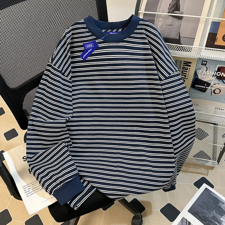 美式潮流重磅条纹长袖男2025新款boxy简约基础百搭复古短宽上衣服