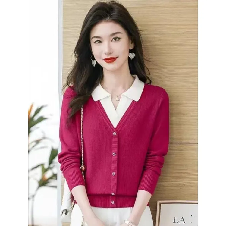 假两件POLO领针织衫毛衣女秋冬新款拼色高档保暖韩版短款打底上衣