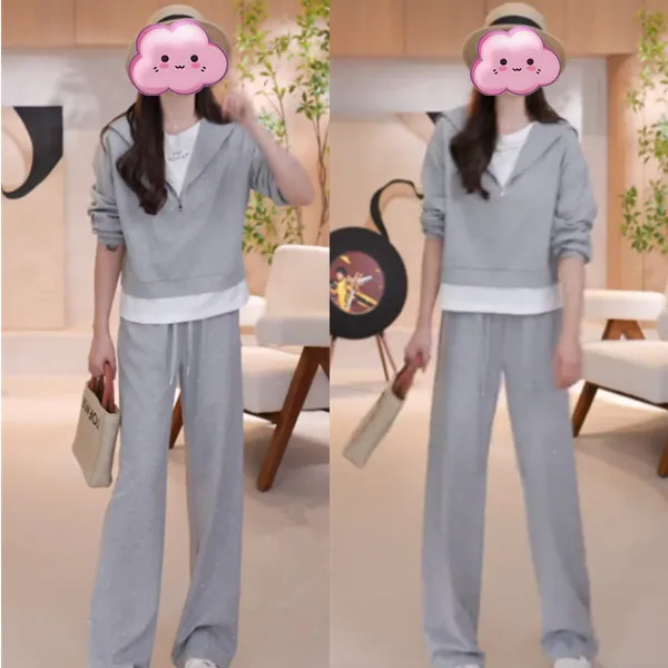 2025春装搭配一整套时尚运动休闲减龄假两件烫钻卫衣阔腿裤两件套