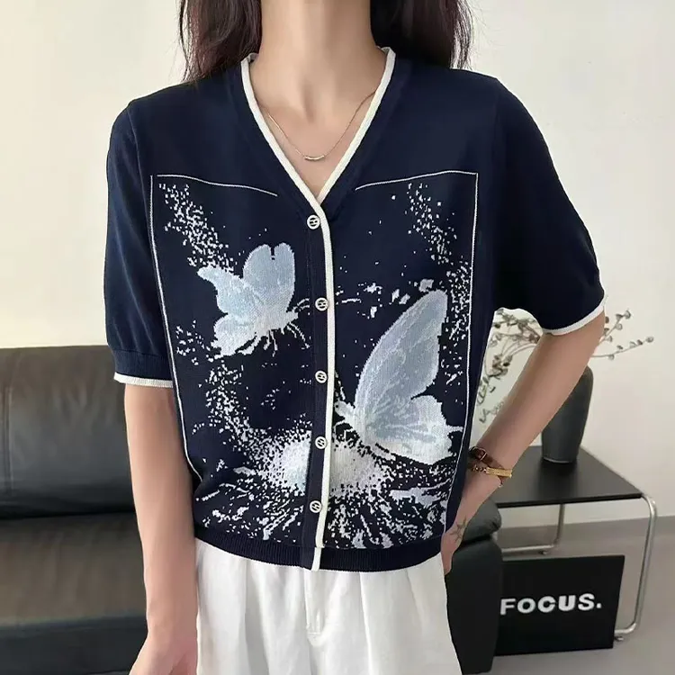 5130【100天丝莱赛尔】时尚条纹短袖t恤女夏季新款洋气女装针织上衣