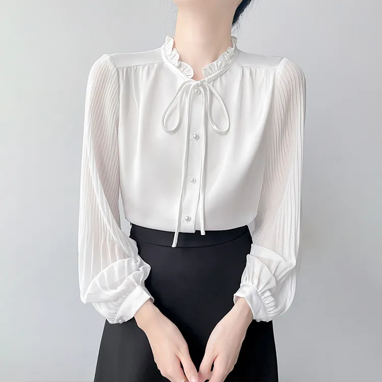 Q606木耳花边立领白色衬衫女爆款气质风琴百褶袖衬衣温柔洋气上衣