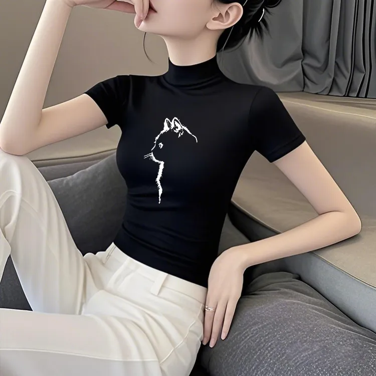 2025新款莫代尔黑色半高领短袖T恤女正肩修身外穿小众印花上衣潮
