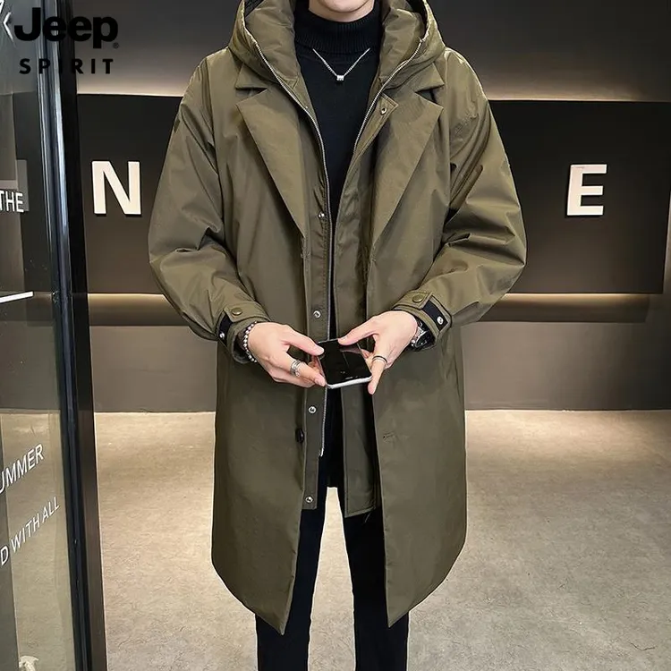 JEEPSPIRIT吉普冬季中长款羽服连帽假两件羽丝风衣暖休闲外套加厚