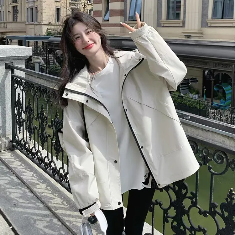 春秋百搭连帽休闲风纯色女短外套薄款情侣韩版外套春秋季短款