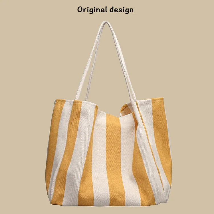 韩国购物袋手提单肩大包复古文艺小清新条纹帆布包女新款托特包潮