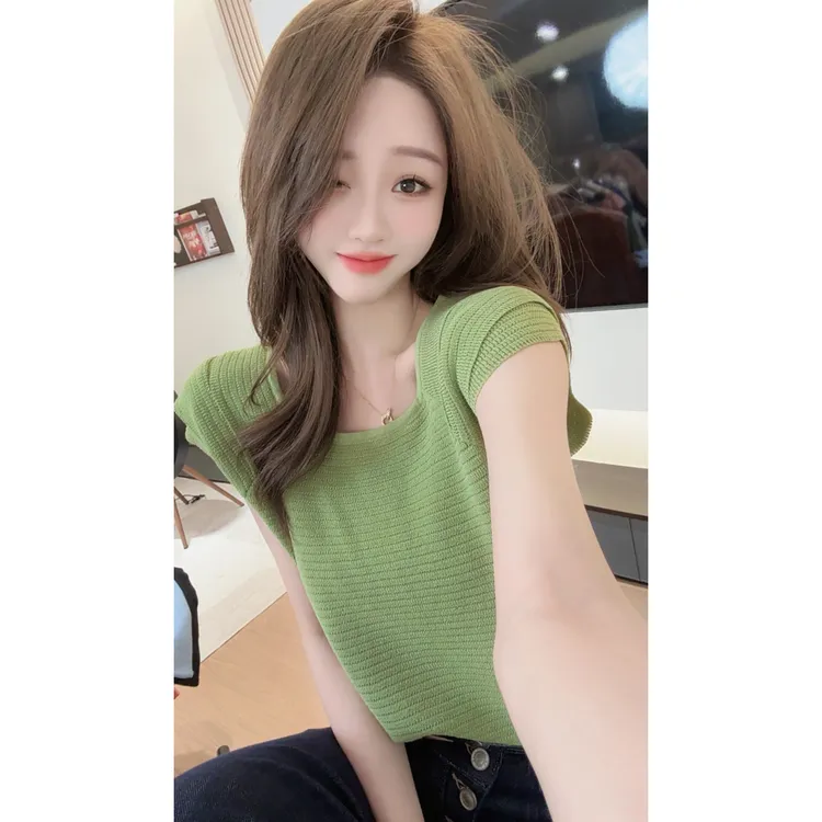 【陈陈私服】洋气设计感上衣减龄显瘦拼接短袖针织衫25041202