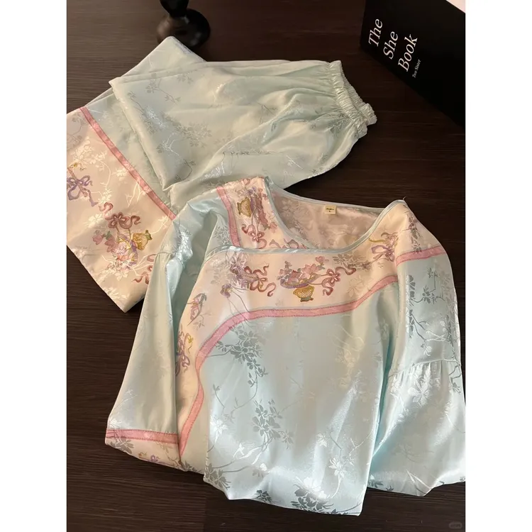 国风新中式复古温柔蓝花卉睡衣女夏季古风长袖长裤套装大码家居服