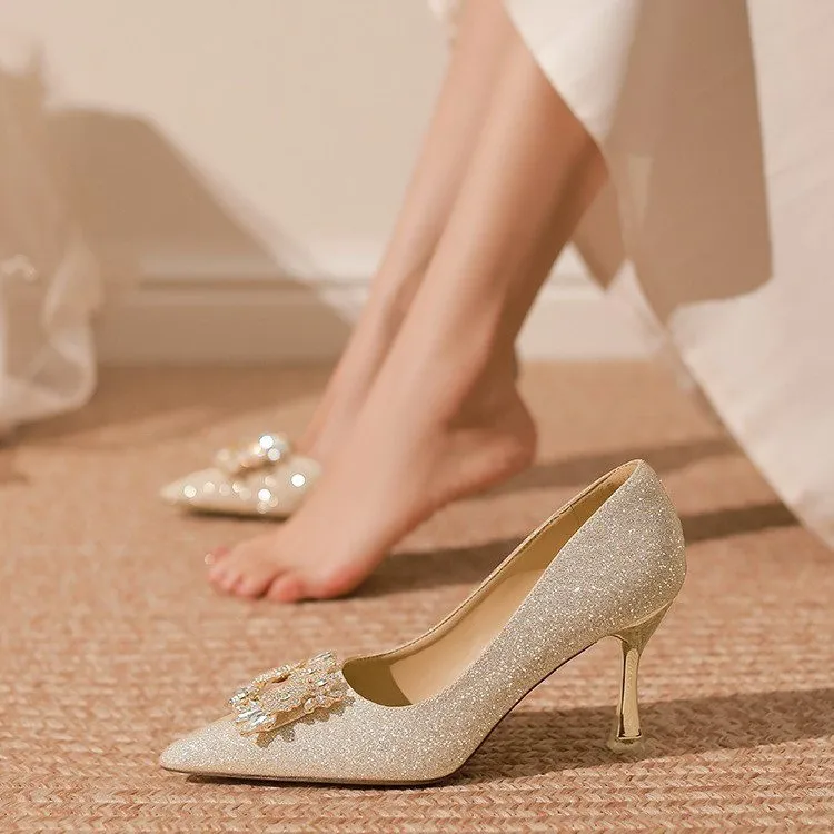 绝美香槟色水钻方扣高跟鞋女2025新款礼服旗袍订婚鞋水晶鞋不累脚