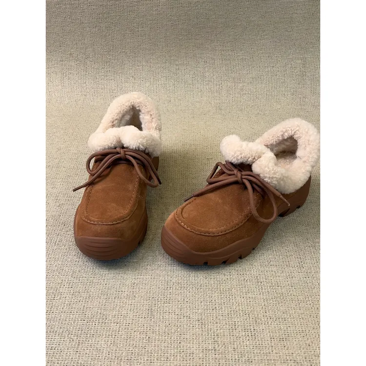 nnmiss/5cm秋冬休闲舒适圆头系带乐福鞋复古百搭轻便厚底毛毛单鞋