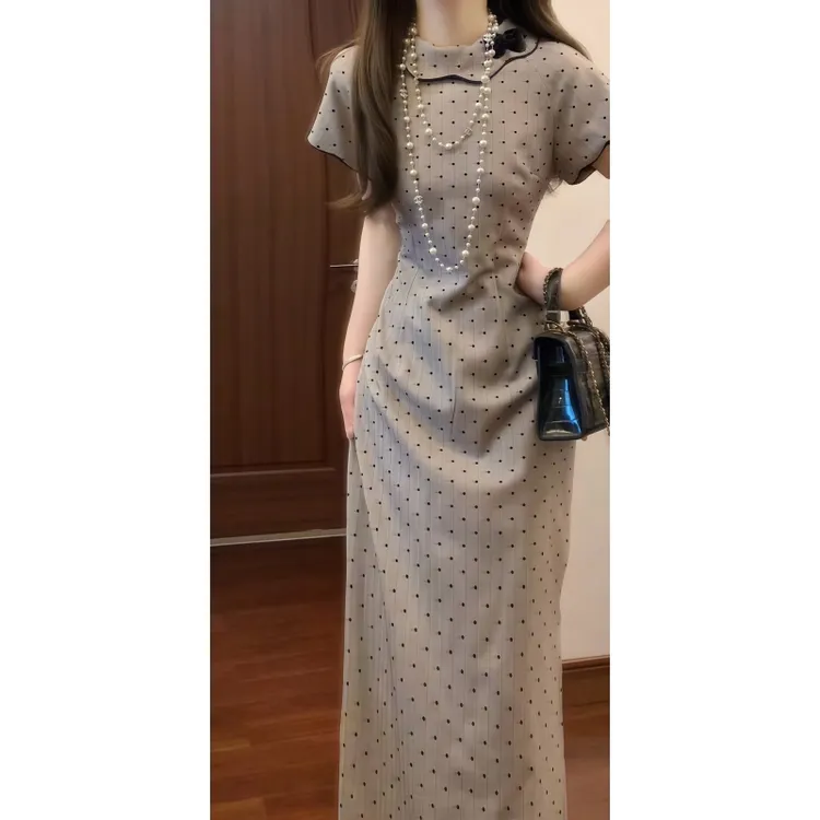 新中式国风复古灰色波点改良旗袍连衣裙法式少女日常可穿长裙9560