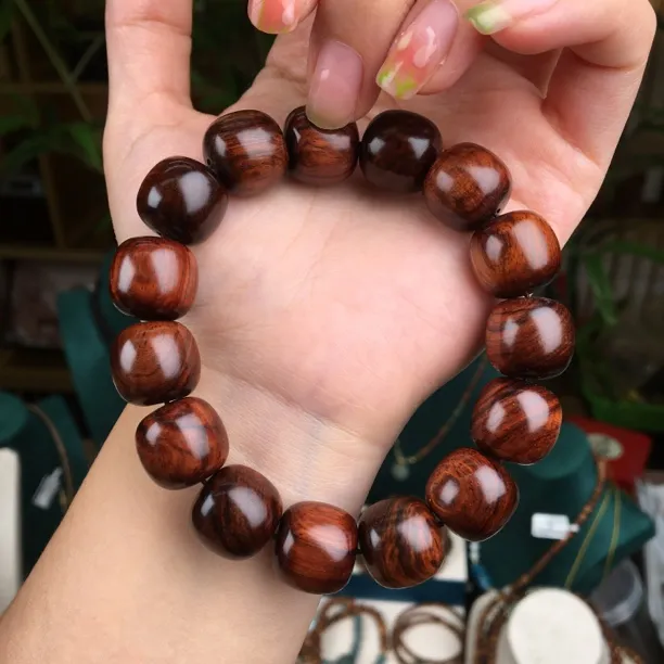 保真天然正品海南黄花梨手串1.5cm老型珠老料紫油梨单圈 送盘玩袋