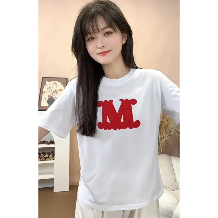纯棉字母绣花短袖t恤女春夏季白色t恤2025新款柔软亲肤百搭上衣