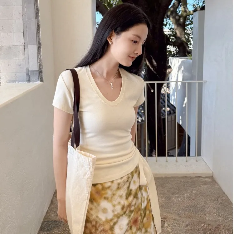 U领高弹正肩显瘦T恤 DIGM春夏爆款极简修身打底衫短袖T恤A1266