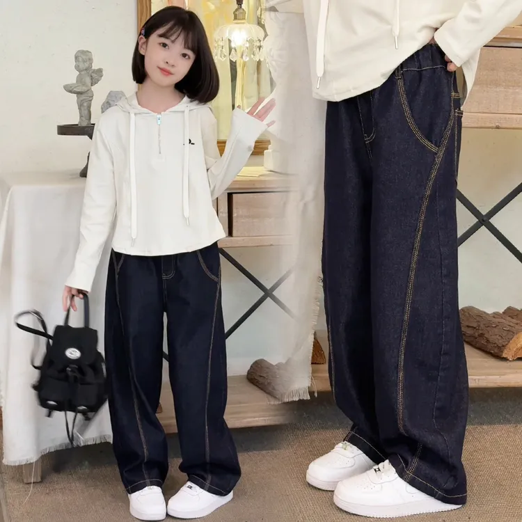 加绒秋冬女童休闲牛仔裤百搭宽松中大童百搭弯刀裤针织帽衫套装