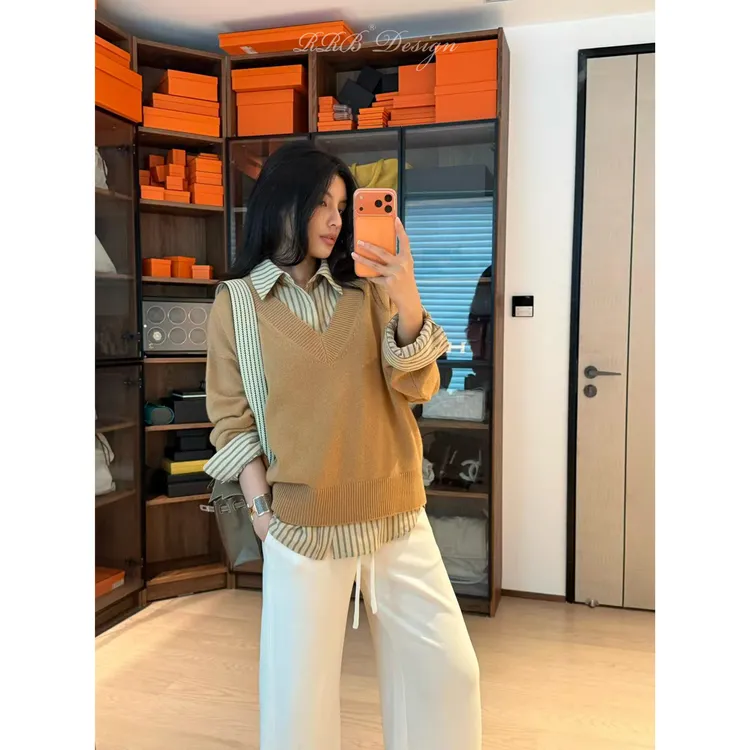 RRB Design 「松弛智性」100%羊毛条纹拼接假两件套头毛衣