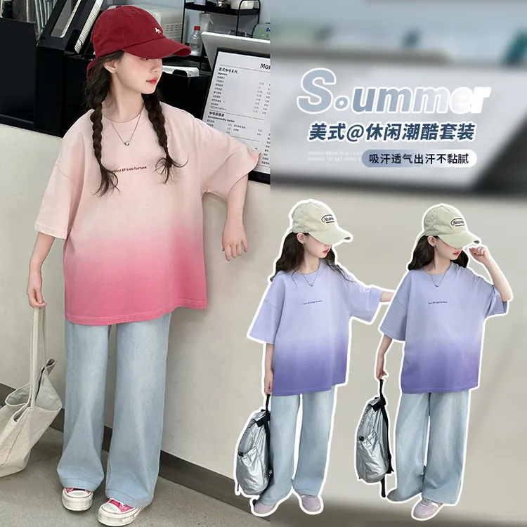 T恤韩版夏季潮牌印花印花女童中大童夏季女童休闲