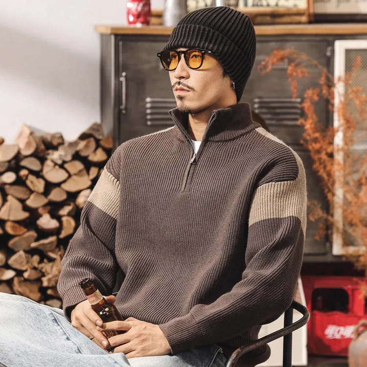 美式复古半高领拉链加厚毛衣男冬季保暖潮牌撞色宽松针织衫外套男