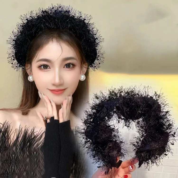 秋冬新款手工长须流苏毛高颅顶网红发箍ins头箍发卡时尚百搭发饰