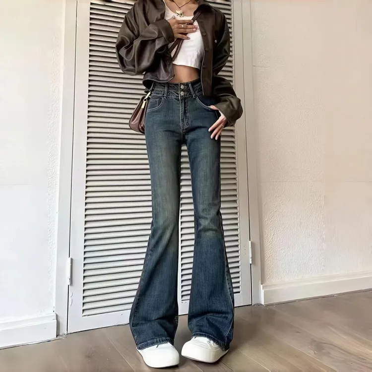 秋季小个子mm微喇叭牛仔裤女弹力美式复古高腰显瘦显腿长牛仔裤子