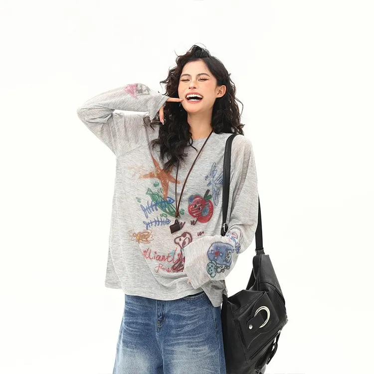 夏季美式复古涂鸦印花长袖罩衫女轻薄灰色慵懒风防晒上衣宽松休闲