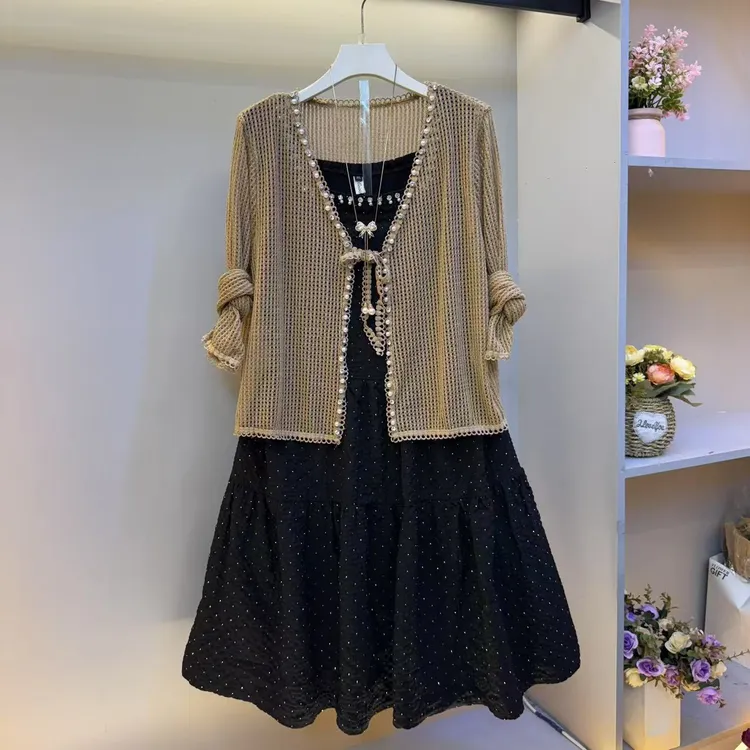 2025欧货新款大码女装针织外搭高级感烫钻连衣裙两件套